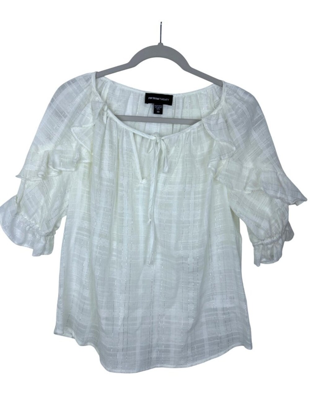 Fifteen Twenty Puff Sleeve Blouse Women's XS White Tie Front Metallic Thread